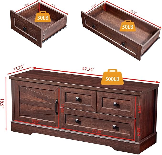SOOWERY 48 Inch Cherry Wood End of Bed Storage Bench, Farmhouse Bed Bench with Drawers and Cabinet, Rustic Shoe Storage Bench for Entryway, Bedroom, Living Room