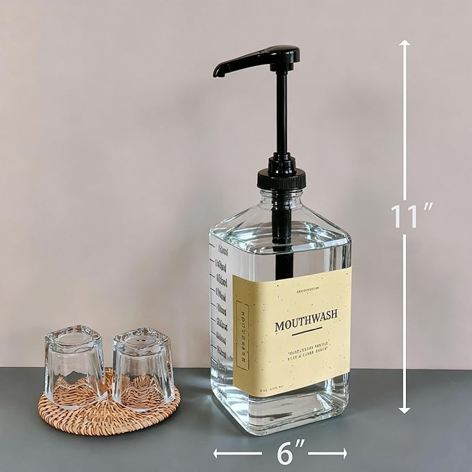 eBun 37oz Glass Mouthwash Dispenser for Bathroom, Mouthwash Dispenser Pump, Mouth Wash Container with Reusable Cup, Mouth Wash Bottle, Countertop Kitchen Sink Dish Liquid Soap Holder Set (Black)