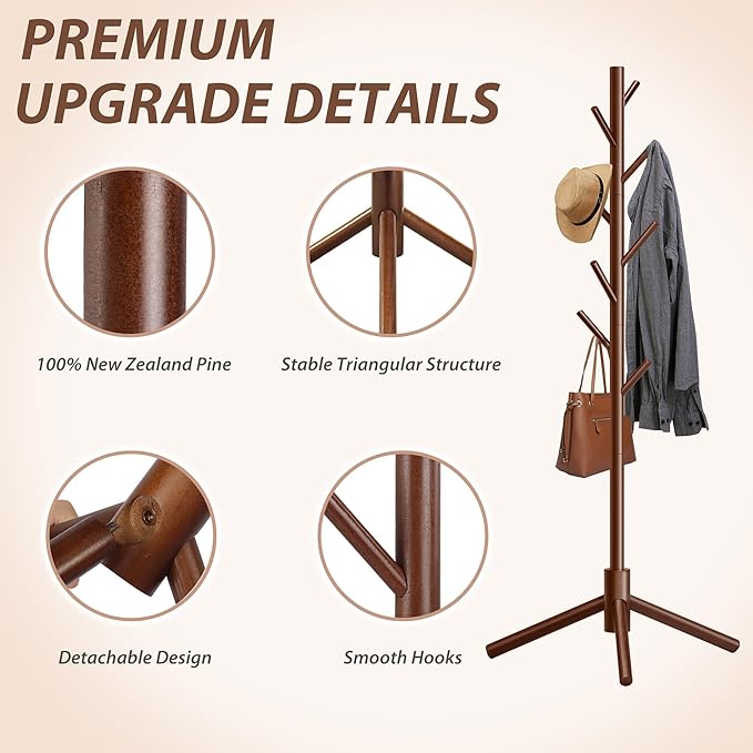 Durable Wooden Coat Rack, Freestanding Coat Rack with Stable Triangular Base, 8 Hooks & 3 Adjustable Heights, Simple Assembly for Bedroom, Hallway, Office(New Brown)