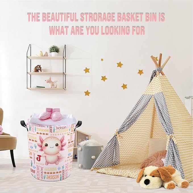 Axolotl Laundry Basket,Custom Laundry Hamper with Name,Personalized Axolotl Gifts for Boys Girls,Customize Collapsible Laundry Basket for Bedroom Bathroom,S-16.5"x 13.8"