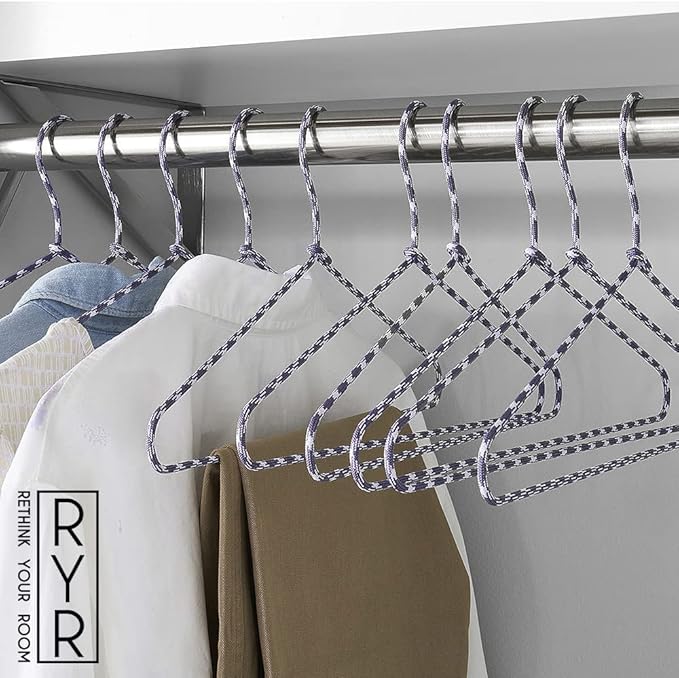 Clothes Hangers 10 Pack Stylish Fabric Wrapped Metal, Space Saving Coat, Velvet, Pant Hangers for Closet Organization, Durable Non-Slip, Navy/White Wardrobe Essentials Bulk Storage