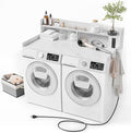 Upgraded 2-Tier Washer and Dryer Countertop with Power Outlet,54" W x 27.6" D Large Laundry Countertop for Fold Clothes, Laundry Topper with Non-Slip Pads & Metal Hooks and Storage Basket