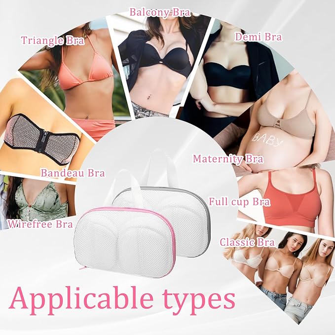 2 Pcs Bra Laundry Bags for Washing Machine 11.8'' x 7.8'' Lingerie Wash Bags with Zipper Reusable Bra Washing Bag 3D Delicates Protector for Bras Socks Swimsuits(Gray, Pink)