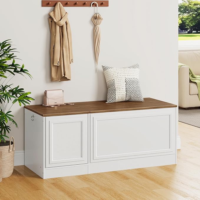 HOOBRO Storage Bench, 47.2" Wooden Toy Box, Toy Chest with Safety Hinge, Farmhouse-Style Storage Chest, Entryway Bench, for Living Room, Bedroom, Hallway, White and Walnut WH54CW01