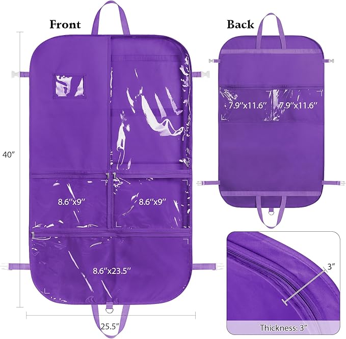 Univivi 40 Inch Kids Garment Bags for Dance Costumes, 3 Medium Clear Zipper Pockets and 2 Back Zippered Pockets for Hanging Clothes, Travel Storage - Dark Purple