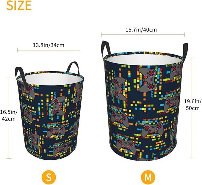 Game Joystick Gaming Pixels Round Laundry Hamper Storage Basket Toys Clothes Organizer Bin For Home Bathroom Bedroom Dorm Nursery, 62l