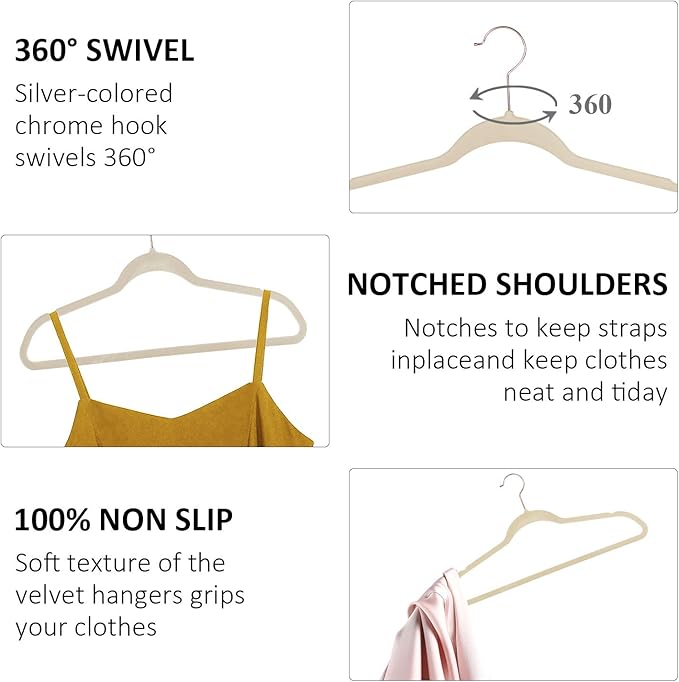 VECELO Premium Velvet Clothes Hangers Suit Heavy Duty (25 Pack)-Non Slip & Space-Saving with 6 Finger Clips & Tie Rack Excellent for Men and Women，Light Beige