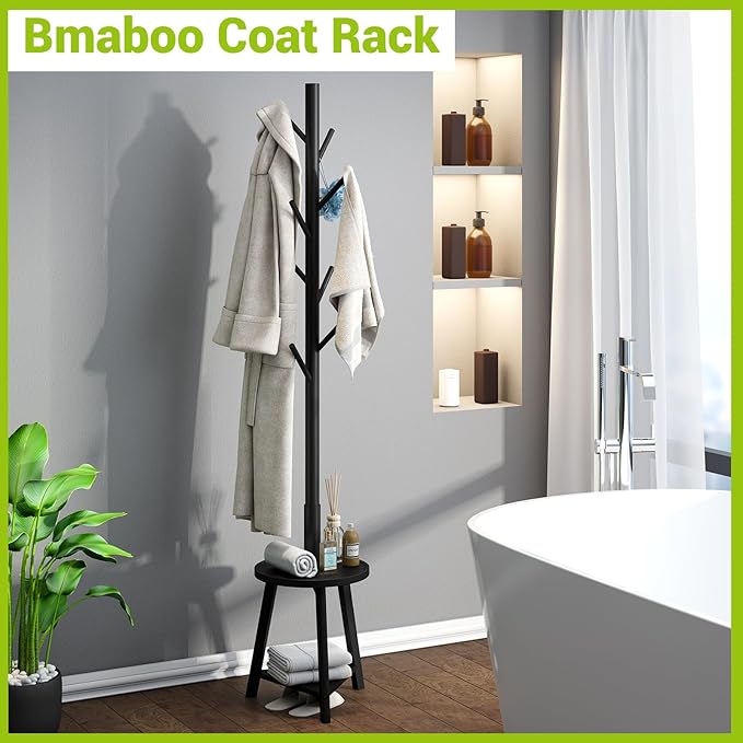 BMOSU Coat Rack freestanding Stand with Shelf Bamboo Wooden Coat Tree Easy Assembly 8 Hooks Standing Jackets Hanger Hallway Office Floor Coat Stand Black