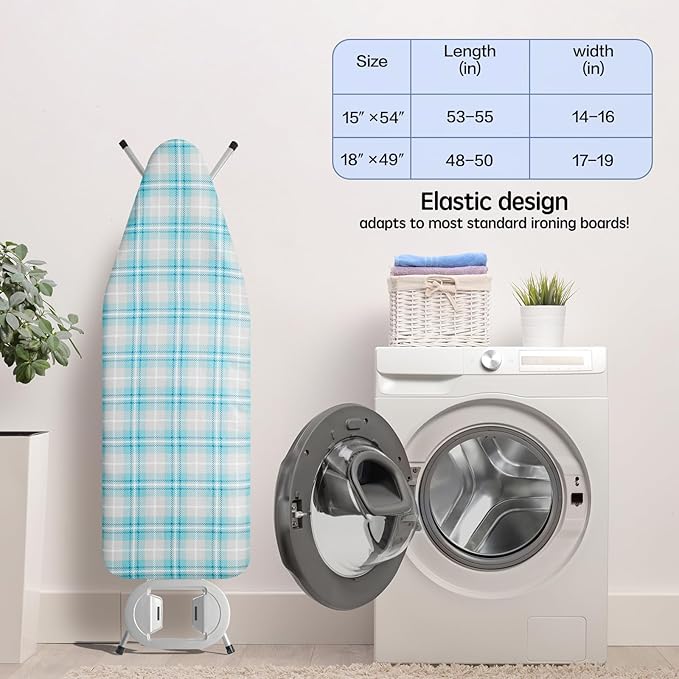 BNDX 18"x49" Ironing Board Cover for Laundromats– Aqua Plaid Pattern, Thick Padding with Bongee Cord & Dual Buckles, Stain & Scorch Resistant, Easy Fit