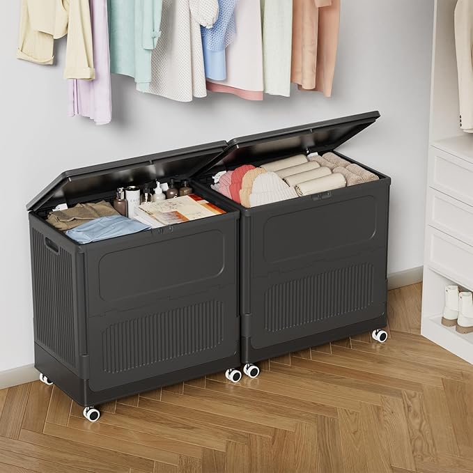 HAIXIN HOME 130L Rolling Laundry Hamper with Lid, Large Plastic Laundry Basket for College Dorm, Foldable Dirty Clothes Hamper Organizer for Industry, Bedroom, Living Room, Bathroom - Black 2 Pack