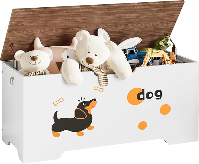 HOOBRO Toy Box, Toy Chest with 2 Safety Hinges, 43.3" Storage Bench, Wooden Storage Chest, for Entryway, Bedroom, Living Room, White and Walnut WH495CW01