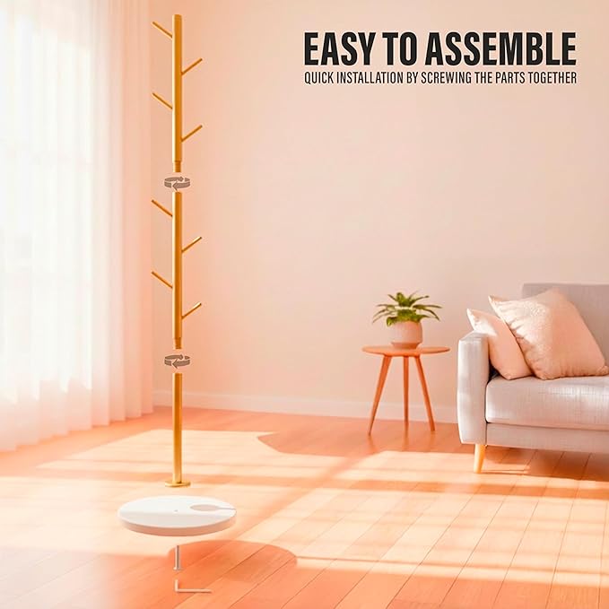 Coat Rack Freestanding Metal Clothing Rack – Modern Clothes Organizer with 8 Coat Hooks – Space-Saving Hall Tree for Entryway, Bedroom, Office – Sturdy Minimalist Coat Hanger & Garment Rack (Gold)