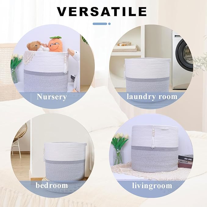 Cotton Rope Storage Bin,Natural Handmade Woven Hamper for Living Room,Blanket Basket for Clothes, Pillows, Towels (gary, 55L)