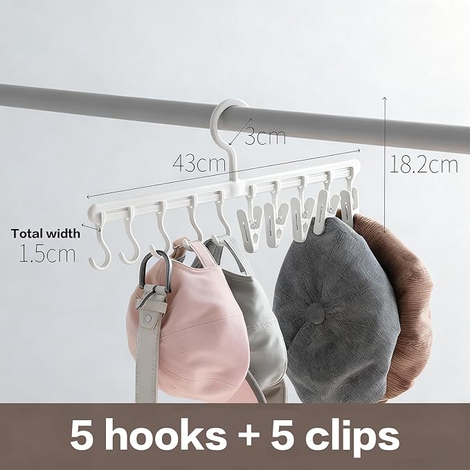 360° Rotatable Hat Organizer for Closet Hanger with 5 Hooks & 5 Clips - Adjustable Space-Saving Closet Rack for Baseball Caps and Hats, White