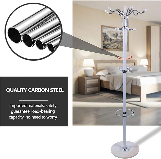 67" Metal Coat Rack Stand with Natural Marble Base, Free Standing Hall Tree with 16 Hooks for Hanging Scarf, Bag, Jacket, Home Entry-way Hat Hanger Organizer (White)