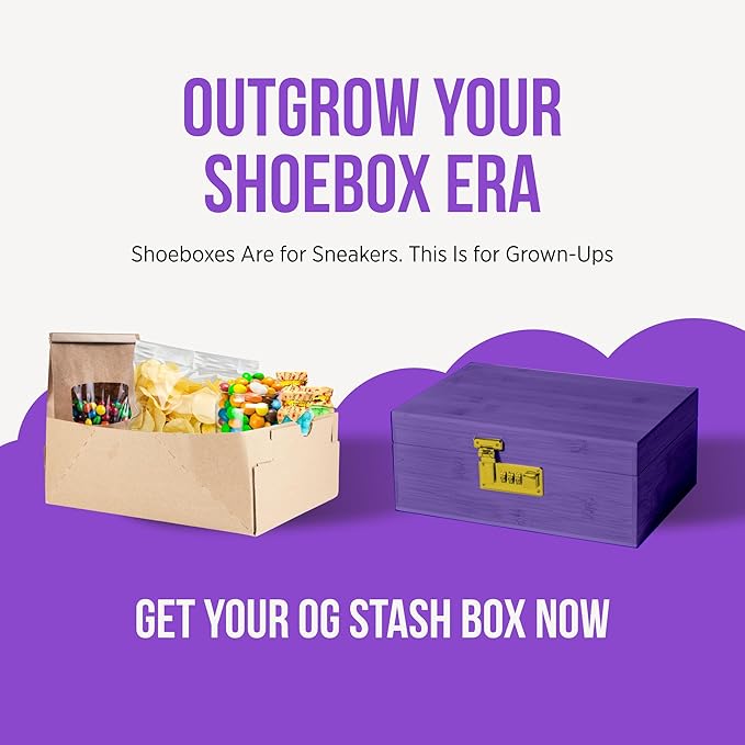 The OG Stash Storage Box - Large Bamboo with Combination Lock, Magnetic Lid, Organizer Tray, 3 Jars and Brush - Portable Decorative Wooden Lock Box Kit with Accessories (Purple/Gold)