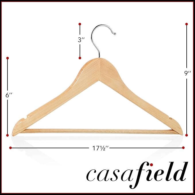 Casafield - 10 Natural Wooden Suit Hangers - Premium Lotus Wood with Notches & Chrome Swivel Hook for Dress Clothes, Coats, Jackets, Pants, Shirts, Skirts