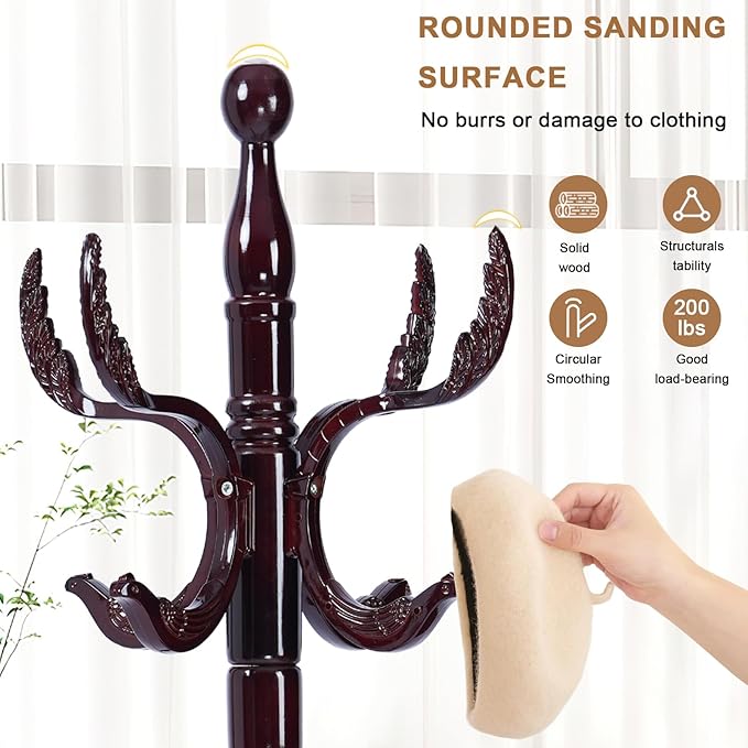 Solid Wood Coat Rack, Free Standing Hall Coat Tree with 14 Hooks, 3 Height Options, 300lbs Load, Stury Base, Clothes Rack for Entryway, Hallway, Bedroom (Disc Base - Wooden Phoenix Hook)