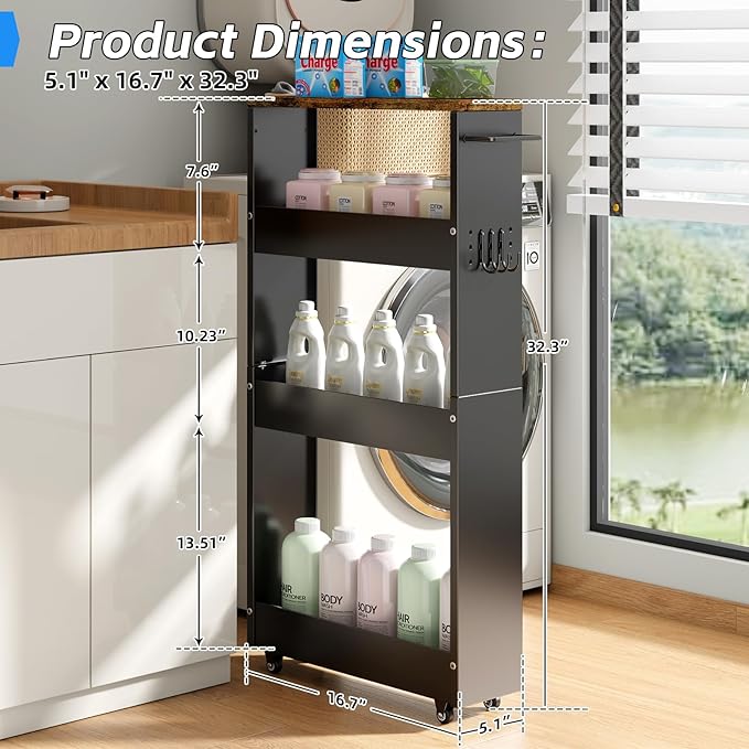 Slim Storage Cart 4 Tier with Handle,Metal Basket Bathroom Organizer Rolling cart with Wheels, Rolling Utility Cart Slide Out Organizer for Kitchen, Bathroom, Laundry