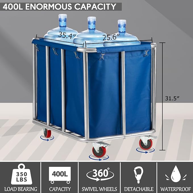 Commercial Laundry Cart with Wheels Heavy Duty Rolling Laundry Cart Large Laundry Baskets on Wheels with Stainless Steel Frame, 11.35 Bushel, 330LBS Load, 10 Tubes