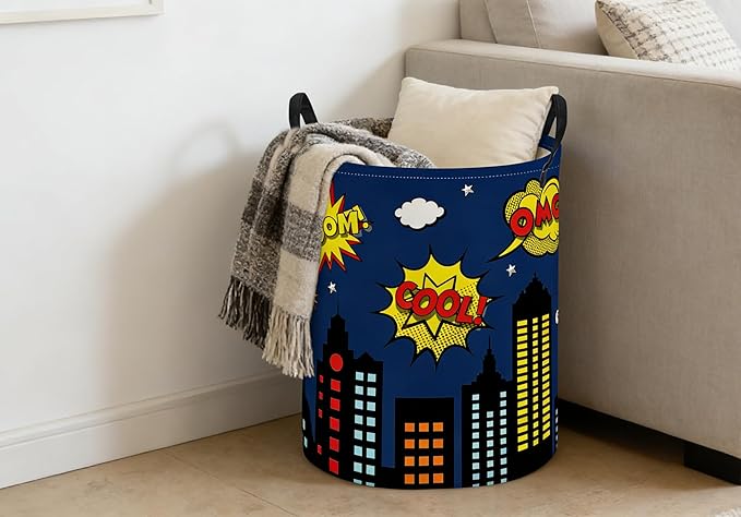 ESSME Kids Laundry Basket,Spider Hamper Collapsible Canvas Waterproof Storage Bin foBoys, Cute Hamper,Gift Baskets(Blue City)