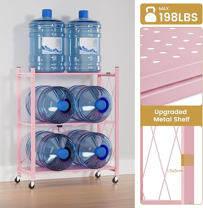 ALANNG Heavy Duty 3-Tier Folding Shelf with Wheels, No Tools Assembly Metal Storage Rack Cart for Kitchen, Pantry, Laundry Room, Garage, Pink