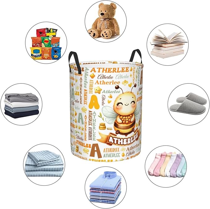 Personalized Bee Laundry Basket For Baby Kids Boys Girls Adult Custom Hamper Basket With Name For Bathroom Bedrooms Collapsible Baby, Dirty Clothes Hamper With Handles