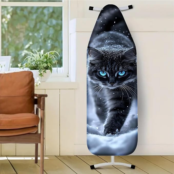 Nuxovilar Snowy Black Cat with Blue Eyes Ironing Board Cover, 15 * 54inch, Fits Most Standard Boards, Ironing Accessory, Home Decor