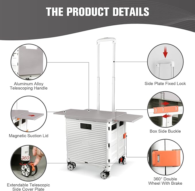 FELICON SELORSS Folding Utility Cart Portable Rolling Crate Handcart with Magnetic Sliding Lid Telescoping Handle Plastic Box Dolly 360°Swivel Wheels for Travel Shop Move Office Teacher(White Pro)