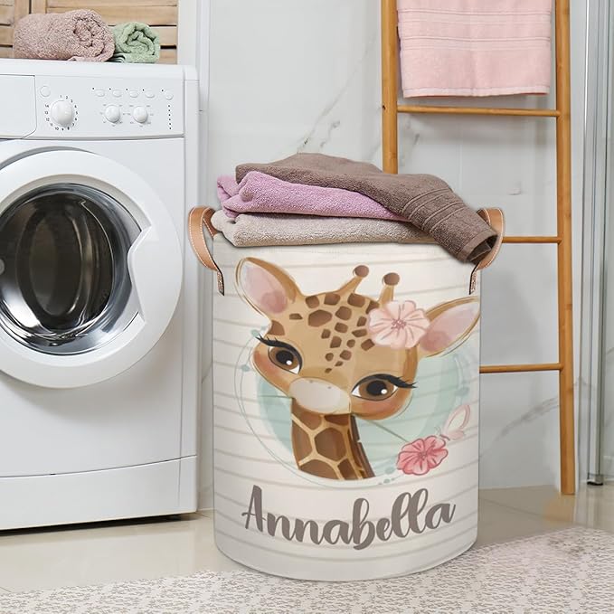 Personalized Laundry Basket, Custom Gift Laundry Hamper, Collapsible Nursery Waterproof Laundry Baskets, Dirty Clothes Toy Hamper with Handles Cute Griaffe