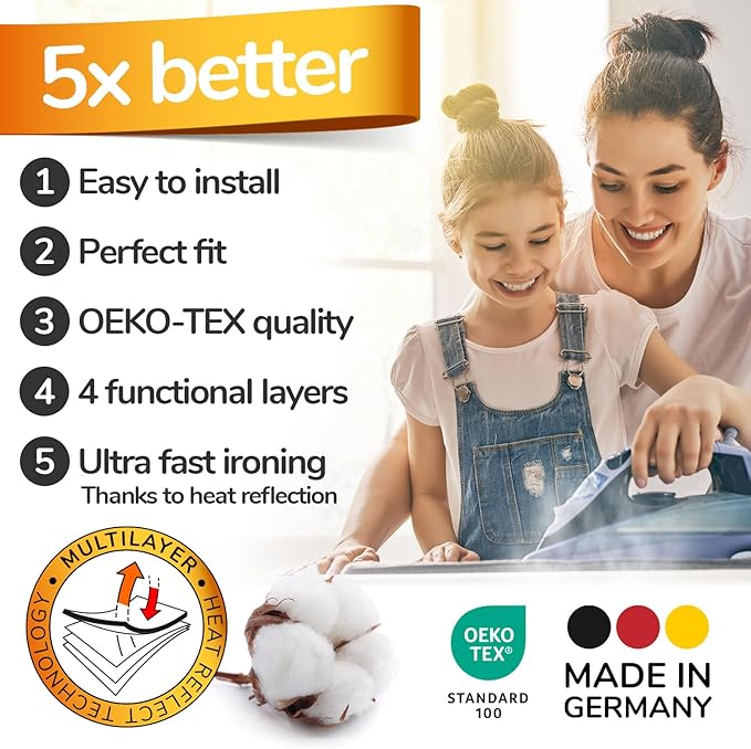 Super Soft Ironing Board Cover and Pad – 50% Faster Ironing with Heat Reflection Technology, Thick Natural Cotton, Heavy-Duty & Scorch Resistant – Made in Germany – 15x54 Standard Size