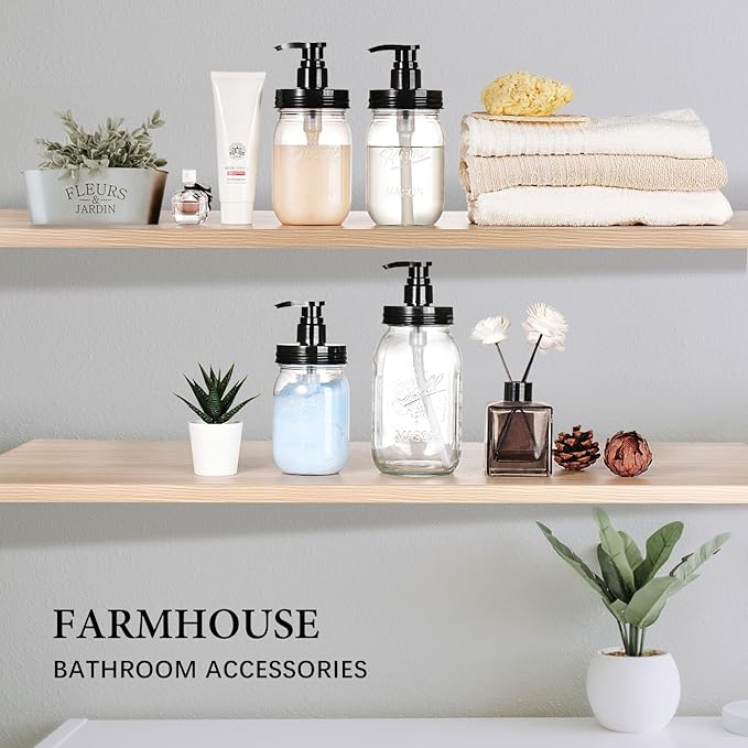 Amolliar Plastic Mason Jar Soap Dispenser with Pump Lid,16OZ Refillable BPA-Free Hand Soap Dispenser Set with Cute Lables - Farmhouse Decor for Kitchen/Bathroom,Liquid Soap,Dish Soap, Lotion (3 Pack)