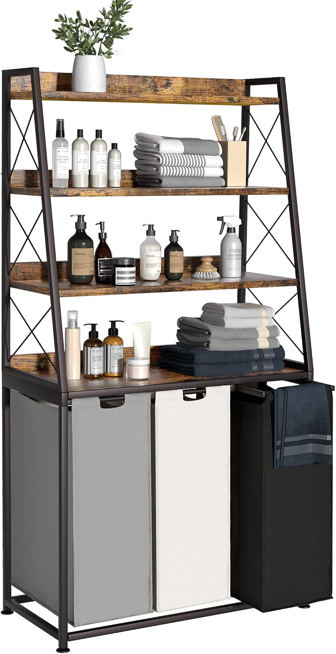 Laundry Basket, 3 Section Laundry Hamper with 4 Tiers Shelf, Pull-Out and Removable Laundry Bags, Large 3 x 15.87 Gallons, for Laundry Room Bathroom Rustic Brown PF05XLN