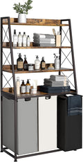 Laundry Basket, 3 Section Laundry Hamper with 4 Tiers Shelf, Pull-Out and Removable Laundry Bags, Large 3 x 15.87 Gallons, for Laundry Room Bathroom Rustic Brown PF05XLN
