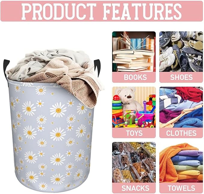 Daisy Flowers Round Laundry Hamper Storage Basket Toys Clothes Organizer Bin For Home Bathroom Bedroom Dorm Nursery, 38l
