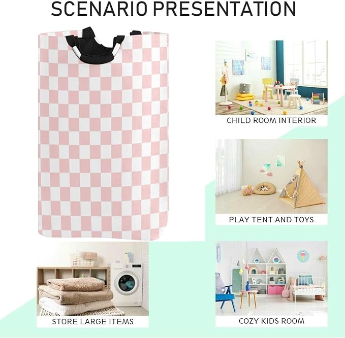 CaTaKu Pink Checkered Racing Baby Laundry Baskets Collapsible, Large Tall Clothes Hampers for Kids Laundry Room Organizer Foldable Storage Bins with Handles