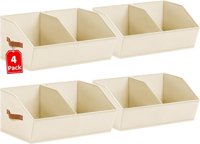 Closet Organizers and Storage Bins - 4 Pack Collapsible Divided Trapezoidal Cube Storage Bins Baskets with Orange Handle for Organizing Clothes Blankets, Toys, Books, Towels(Beige)