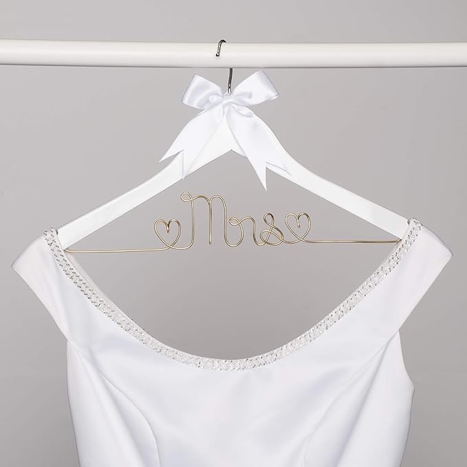 Ella Celebration Mrs Wedding Dress Hanger, Wood and Wire Hangers for Bride to be Gown (White with Light Gold Wire)