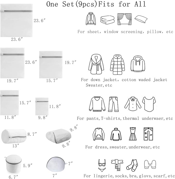 Mesh Laundry Bags - 9pcs Premium Zippered Fine Mesh Laundry Bags Set, Delicate & Lingerie Washing Organizer