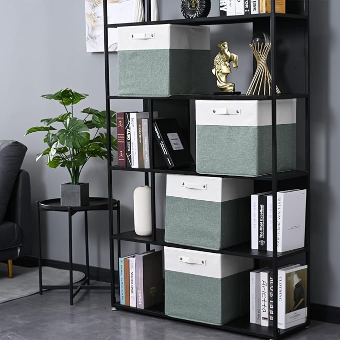13 x 13 Inch Fine Linen Storage Bins with Handles，Fabric Cube Boxs，Basket Organizers for Shelves for Home, Closet Drawers (White/Green-6 Pack)
