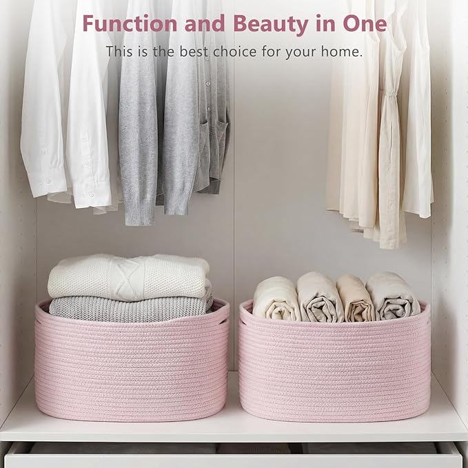 Cotton Rope Storage Basket, 15x10x9 Inches, Woven Basket for Shelves, Clothes, Towels, Books, and Laundry, Light Pink (3 Pack)