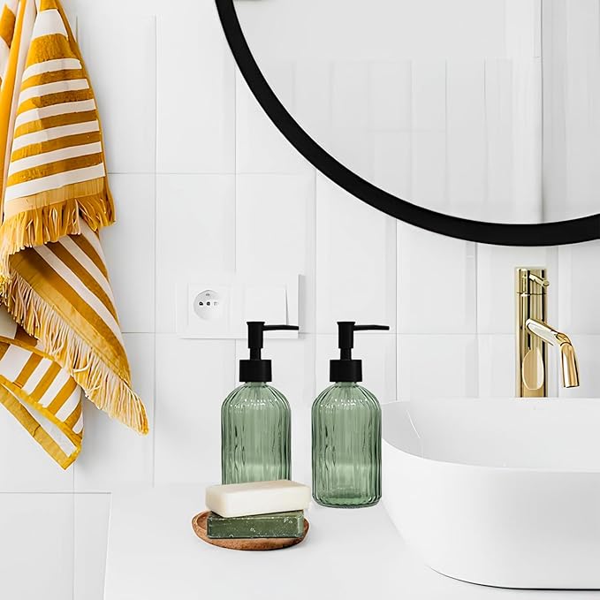 Striped Hand Soap Dispenser, 13.5oz Green Glass Soap Dispenser with Black Plastic Pump, Elegant Refillable Countertop Hand Liquid Dispenser for Kitchen, Bathroom, Dish Soap, Lotion (2 Pack)
