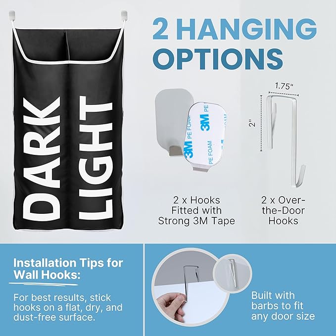 Hanging Laundry Hamper Bag XL 40x22", Space Saving over the Door Storage Bags, Behind the Door Hampers for Dirty Clothes & Wall Mounted Basket for Bathroom, Organizer for Small Room Spaces RV