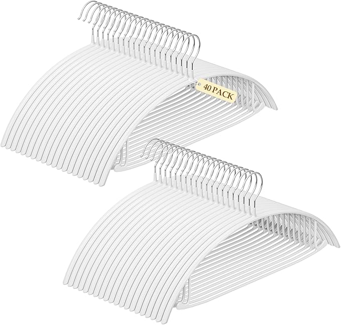 Heavy Duty Metal Suit Hangers 40 Pack, Non-Slip PVC Coating, No Shoulder Bumps, Space Saving Clothes Hangers for Sweaters, Coat, Shirts, Skirt, Jackets, White