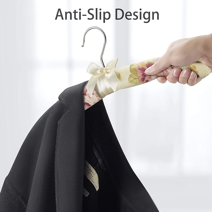 GLCON 16 Inches Satin Padded Hangers for Women Clothing - No Bump Fancy Floral Bridal Hangers for Adult Coat, Suit, Wedding Dress, Sweaters (Pack of 10)