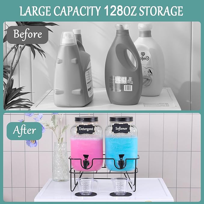 128OZ Laundry Detergent Dispenser BY VEGEVIGI, Glass Liquid Laundry Soap Dispenser, 2 Pack Fabric Softener Organizer