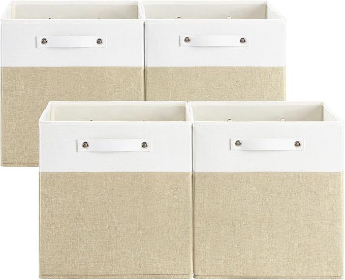 13 x 13 Inch Fine Linen Storage Bins with Handles，Fabric Cube Boxs，Basket Organizers for Shelves for Home, Closet Drawers (White/Khaki-4 Pack)