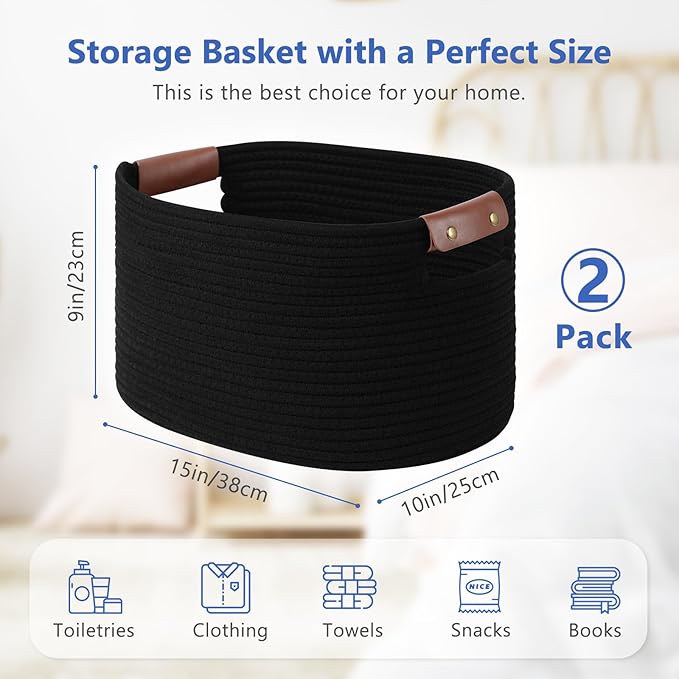 Cotton Rope Basket, Storage Baskets with Handle, 15x10x9 Inch Woven Basket for Shelves, Laundry, Towels, Clothes, Books (Black 2Pack)