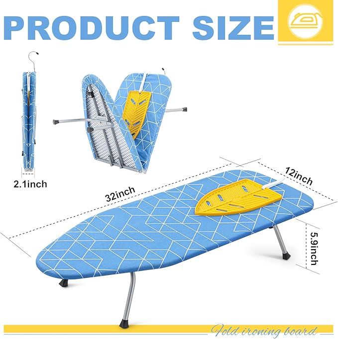 Chunful Portable Tabletop Ironing Board, Foldable Small Compact Ironing Board with Mat & Hook for Hanging Travel Mini Iron Non Slip Feet Table Storage for Dorm Space, 32 x 12 in(Classic,Blue)