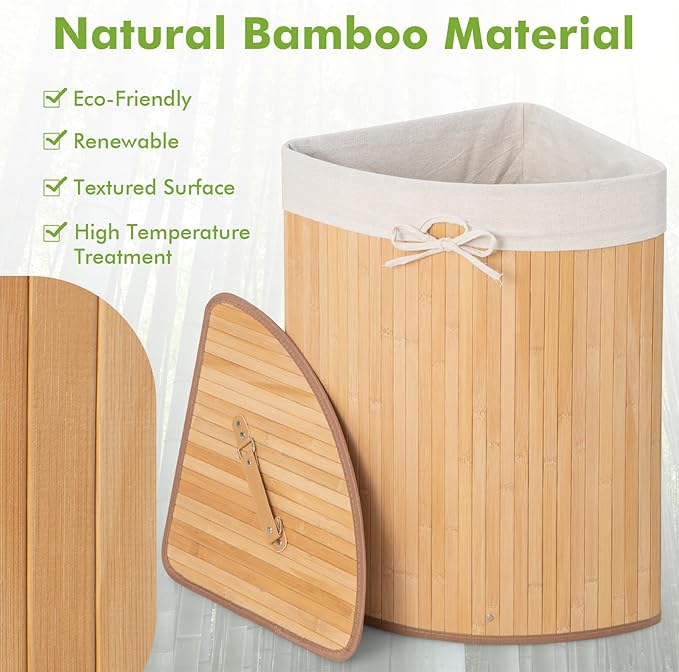 Giantex Corner Laundry Hamper with Lid, 58 L Bamboo Laundry Basket with Removable Liner & Handle, Triangle Clothes Hamper for Small Spaces, Bedroom, Bathroom, Laundry & Living Room (Natural)